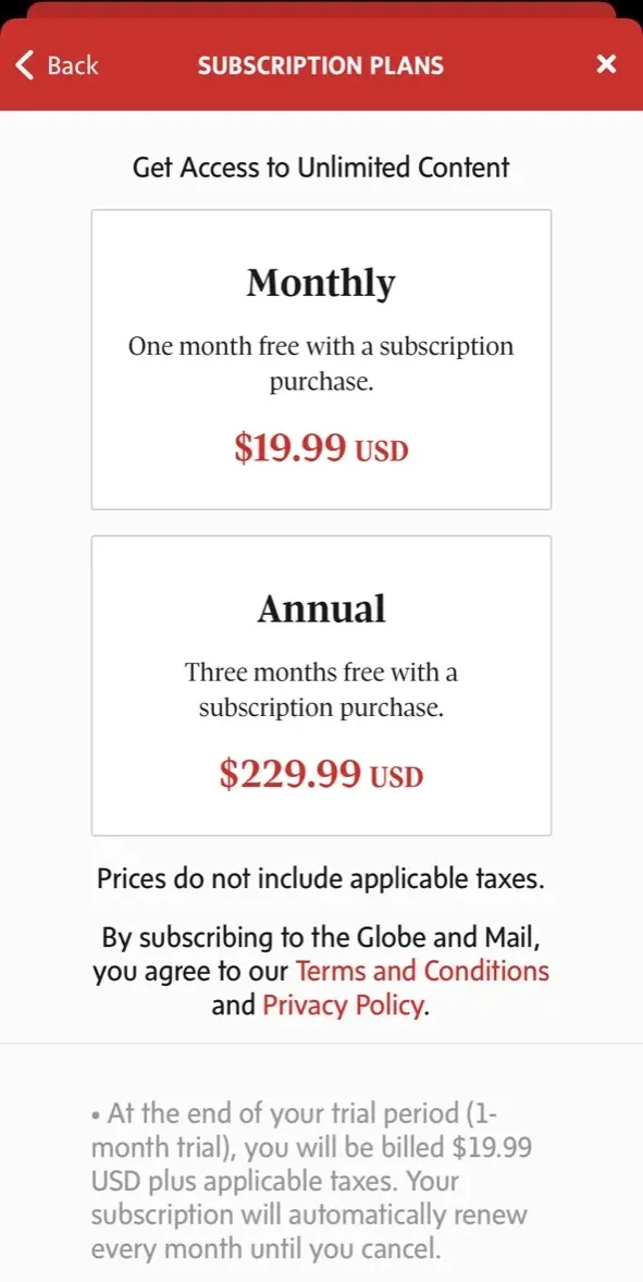 The paywall screen of the The Globe app