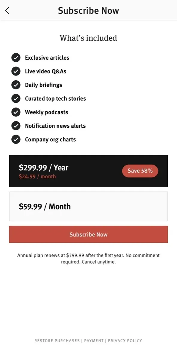 The paywall screen of the The Information app