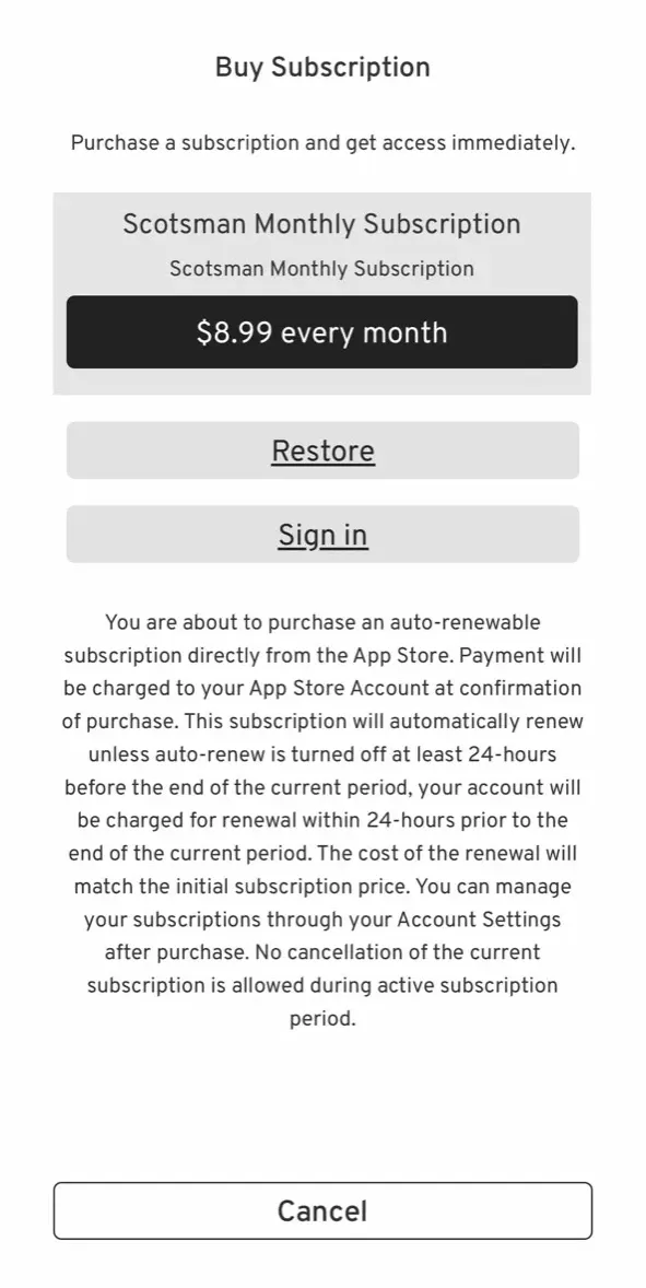 The paywall screen of the true app