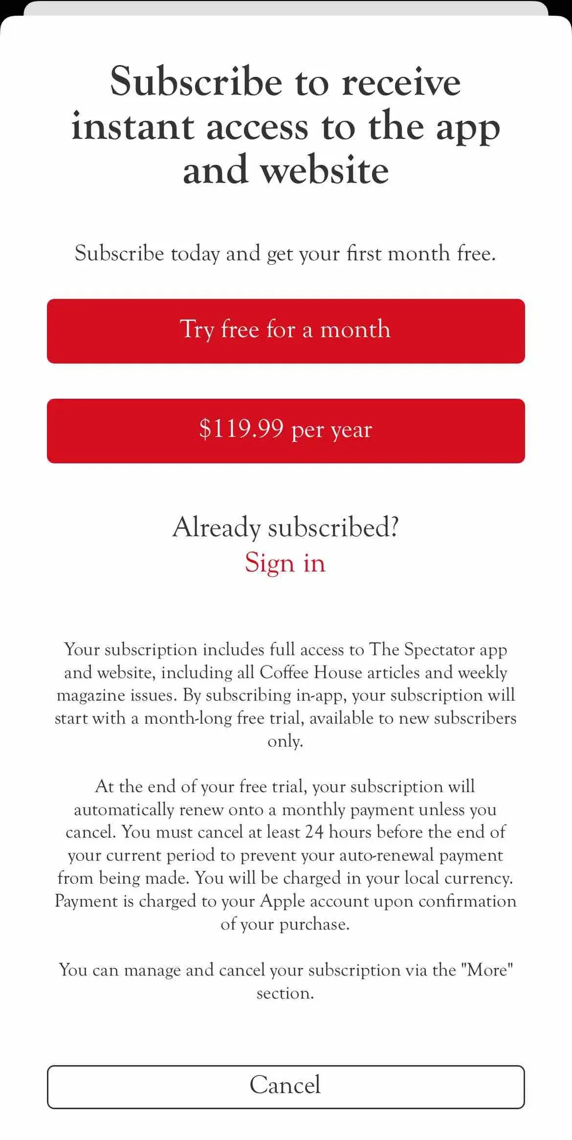 The paywall screen of the true app