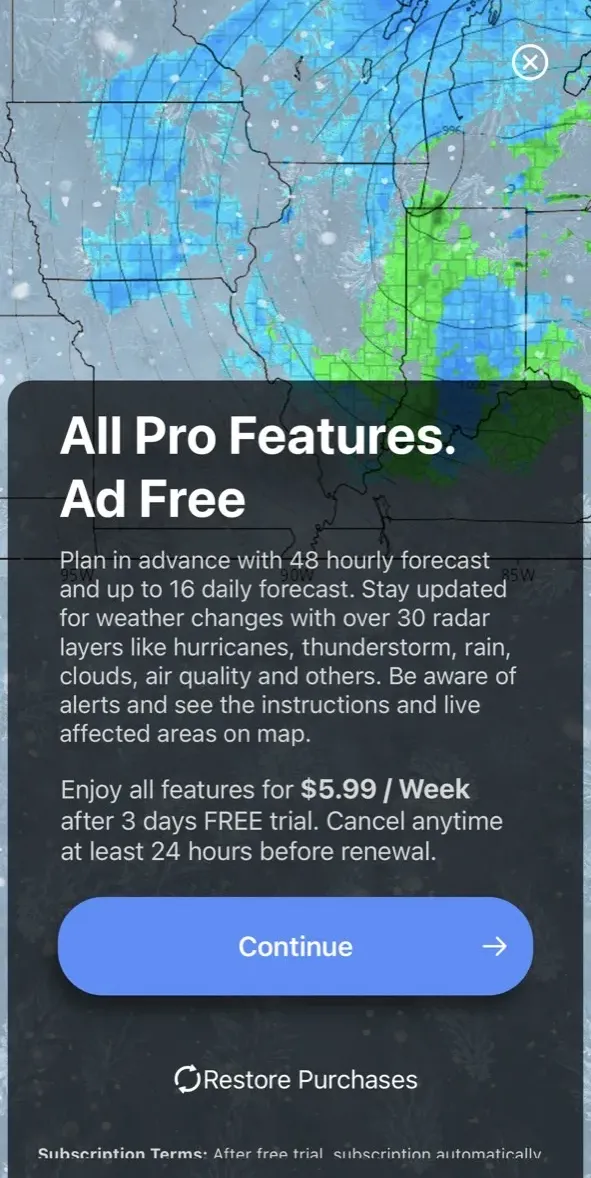 The paywall screen of the The Weather Forecast app