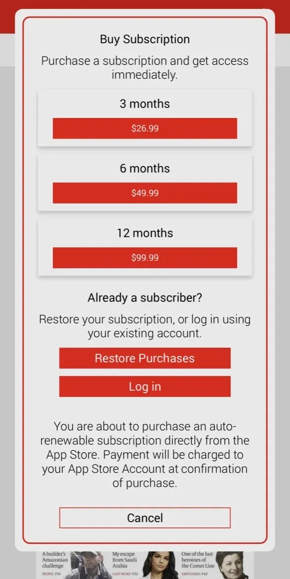 The paywall screen of the true app