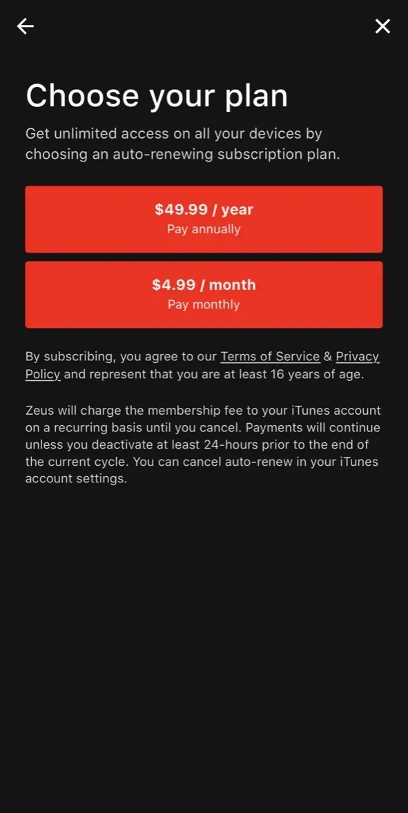 The paywall screen of the The Zeus Network app