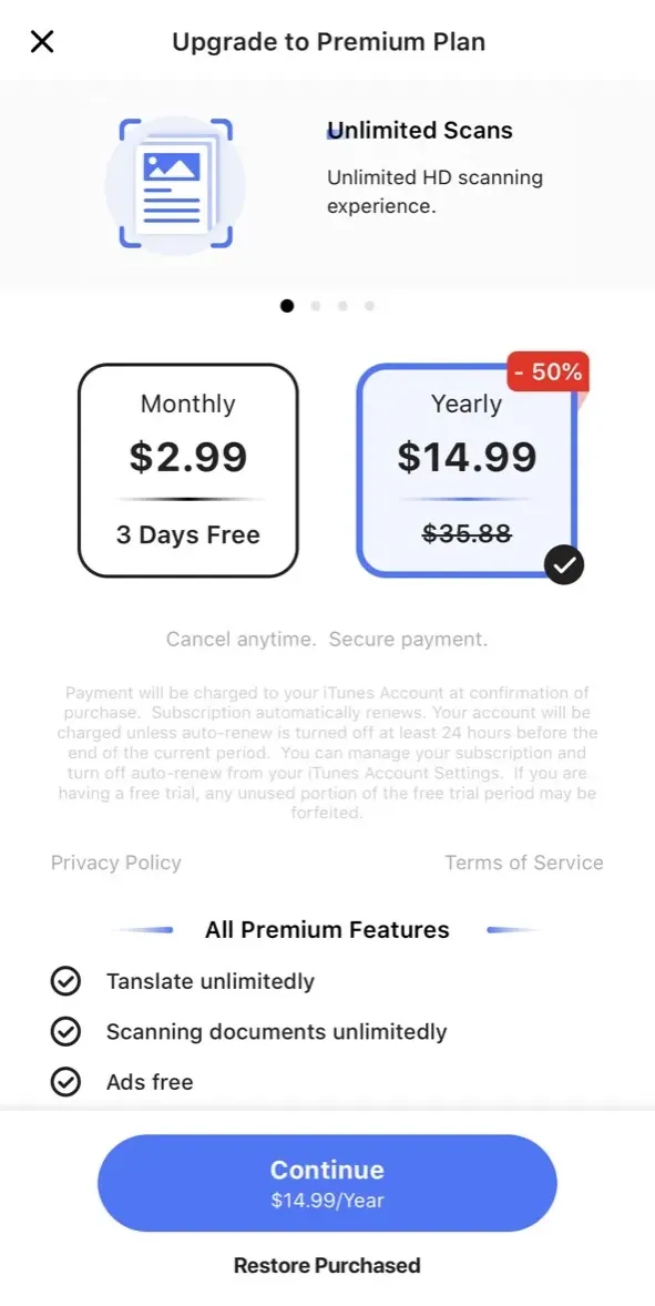 The paywall screen of the true app