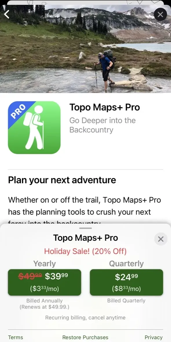 The paywall screen of the Topo Maps+ app