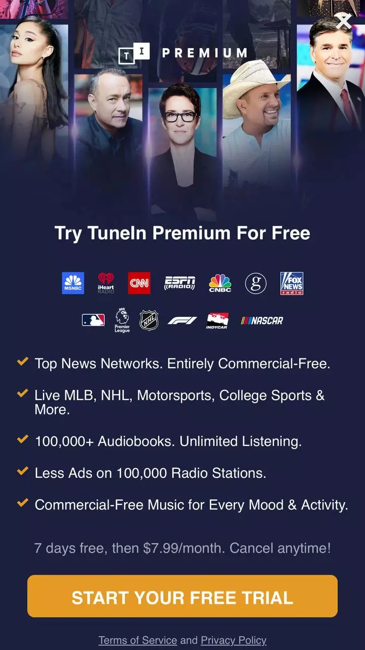 The paywall screen of the TuneIn Radio app