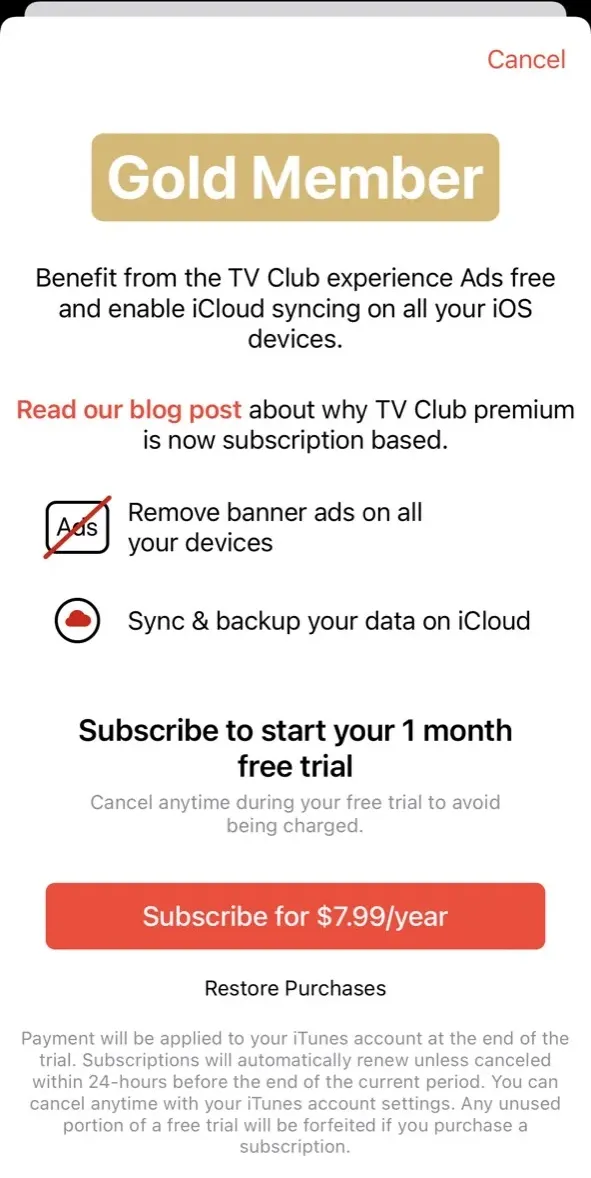 The paywall screen of the TV Club app