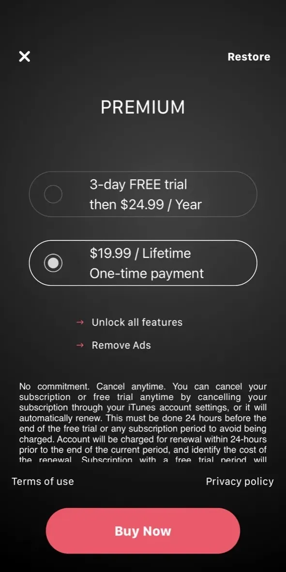 The paywall screen of the true app