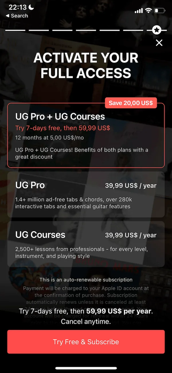 The paywall screen of the Ultimate Guitar app
