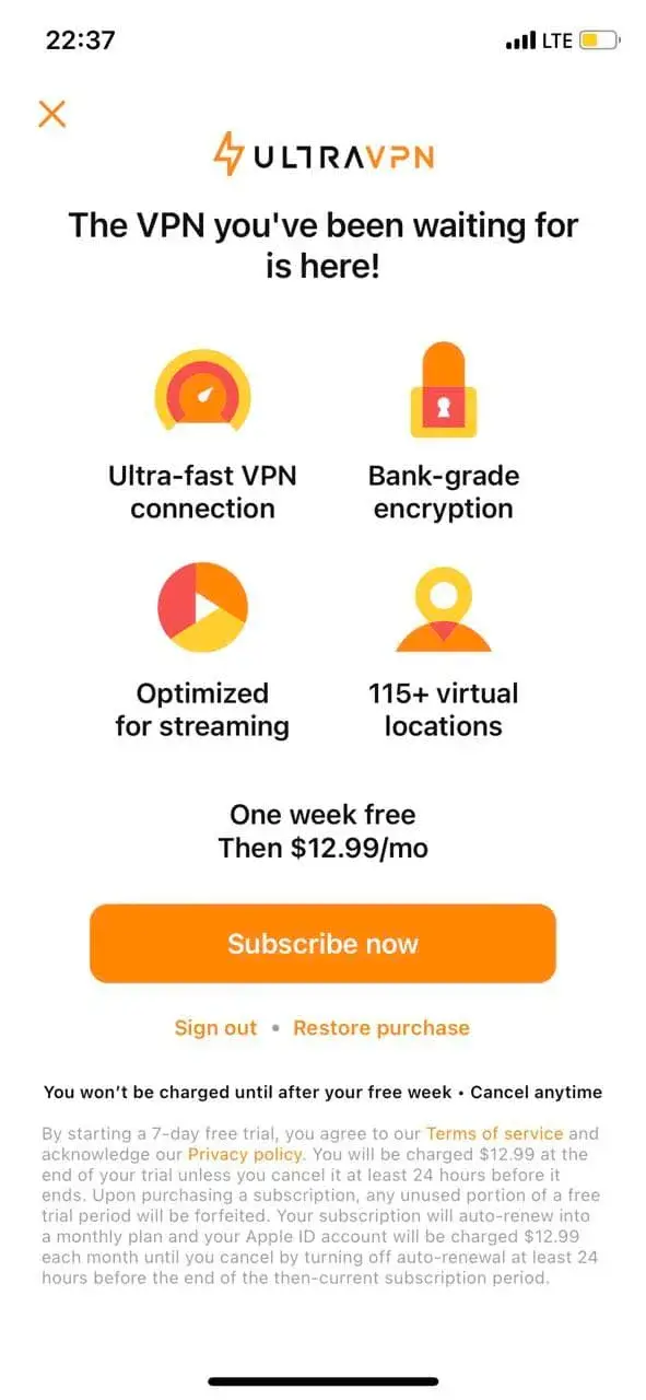 The paywall screen of the VPN Secure Proxy app