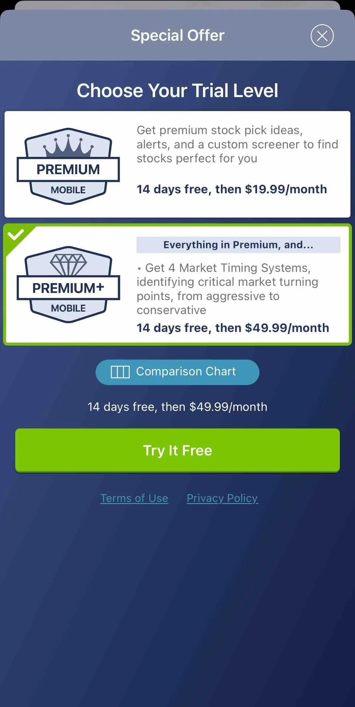 The paywall screen of the true app