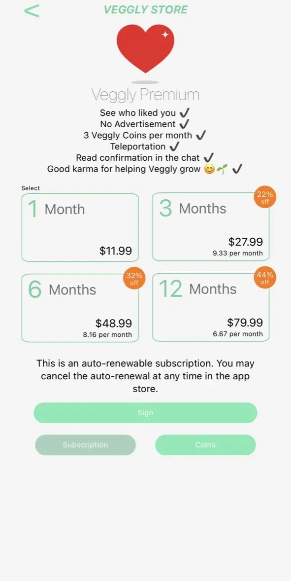 The paywall screen of the Veggly app