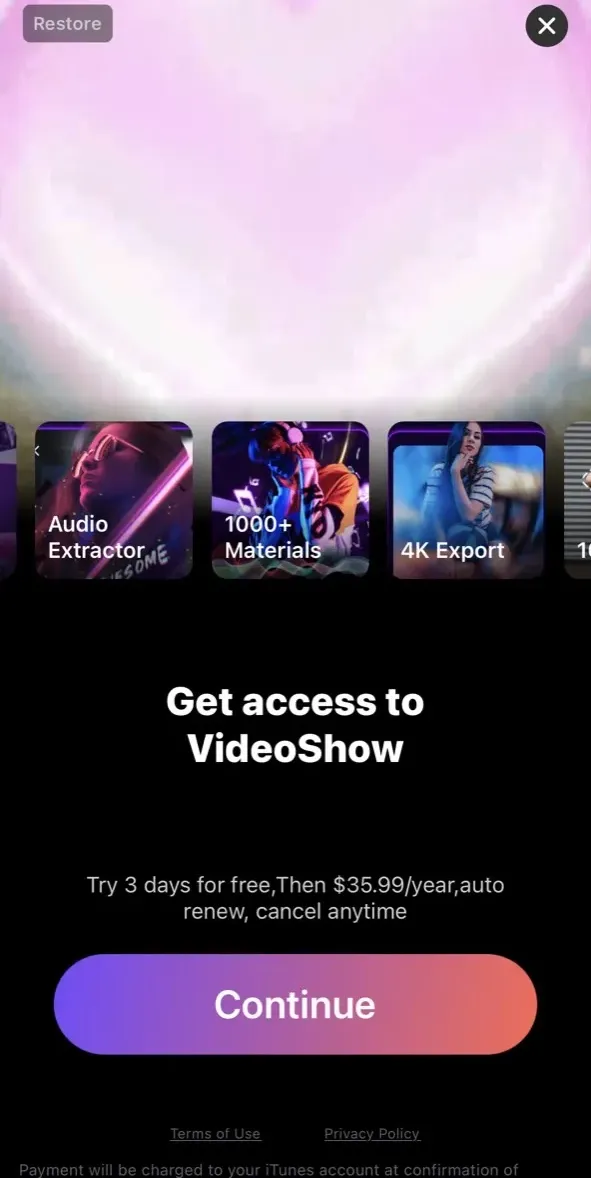 The paywall screen of the VideoShow AI Video app