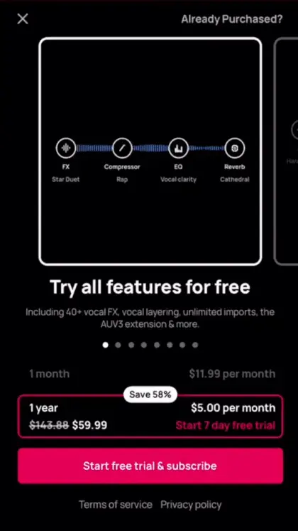 The paywall screen of the Voloco app