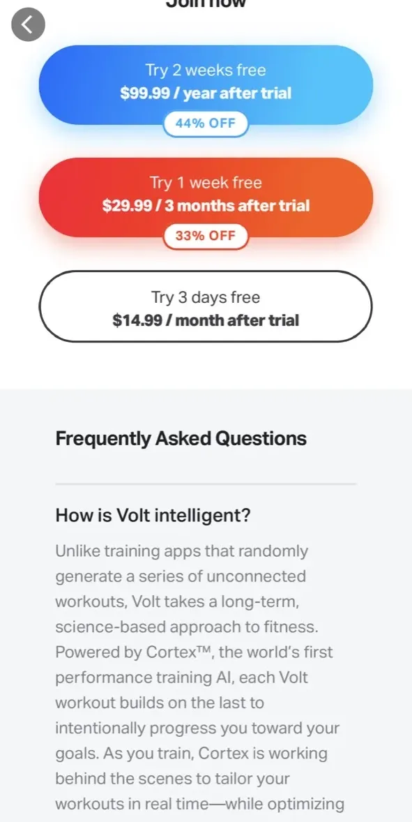 The paywall screen of the Volt app