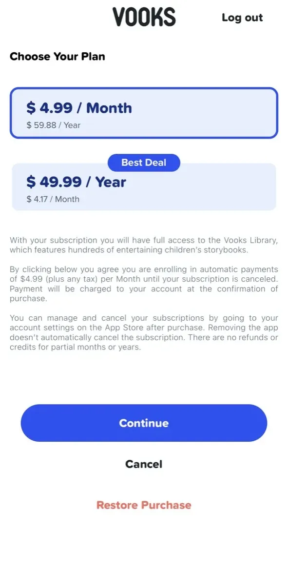 The paywall screen of the Vooks app