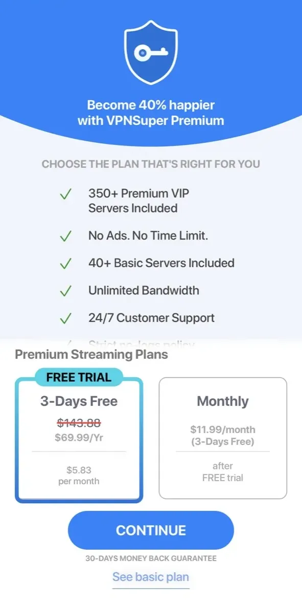 The paywall screen of the VPN app