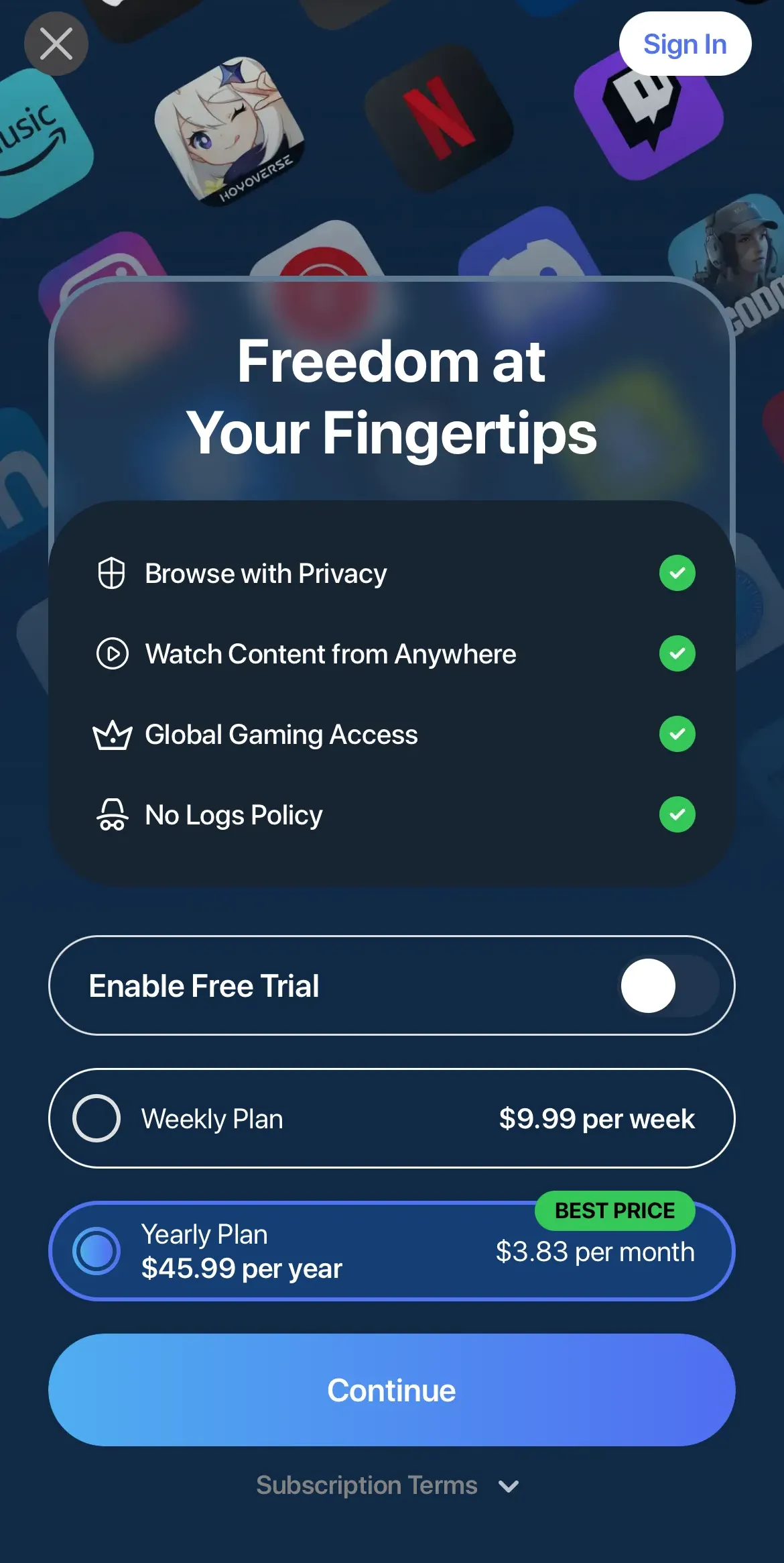 The paywall screen of the VPN Lumos app