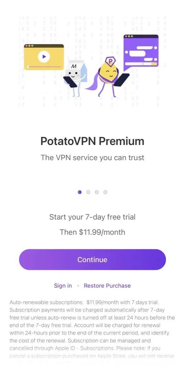 The paywall screen of the VPN Potato app