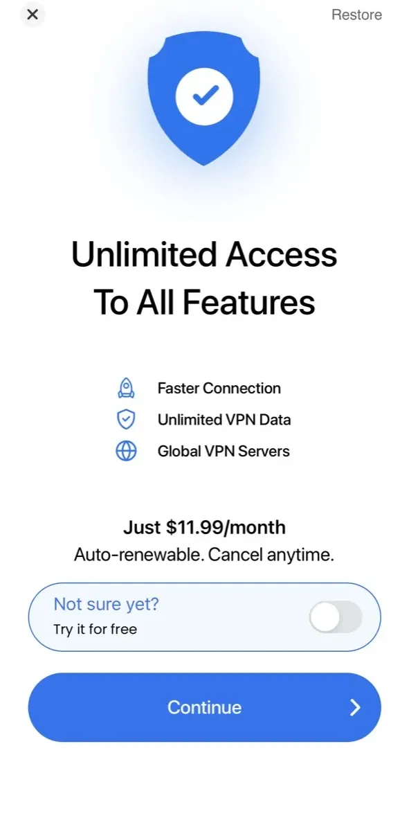 The paywall screen of the VPN app