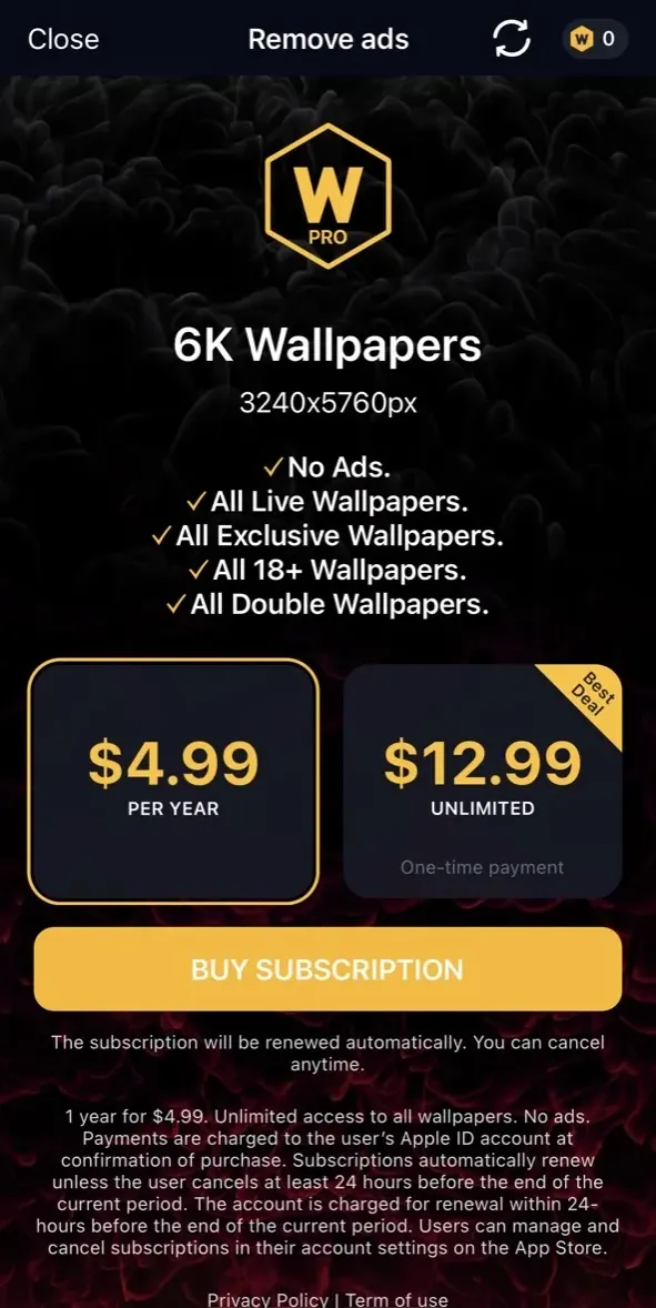 The paywall screen of the true app