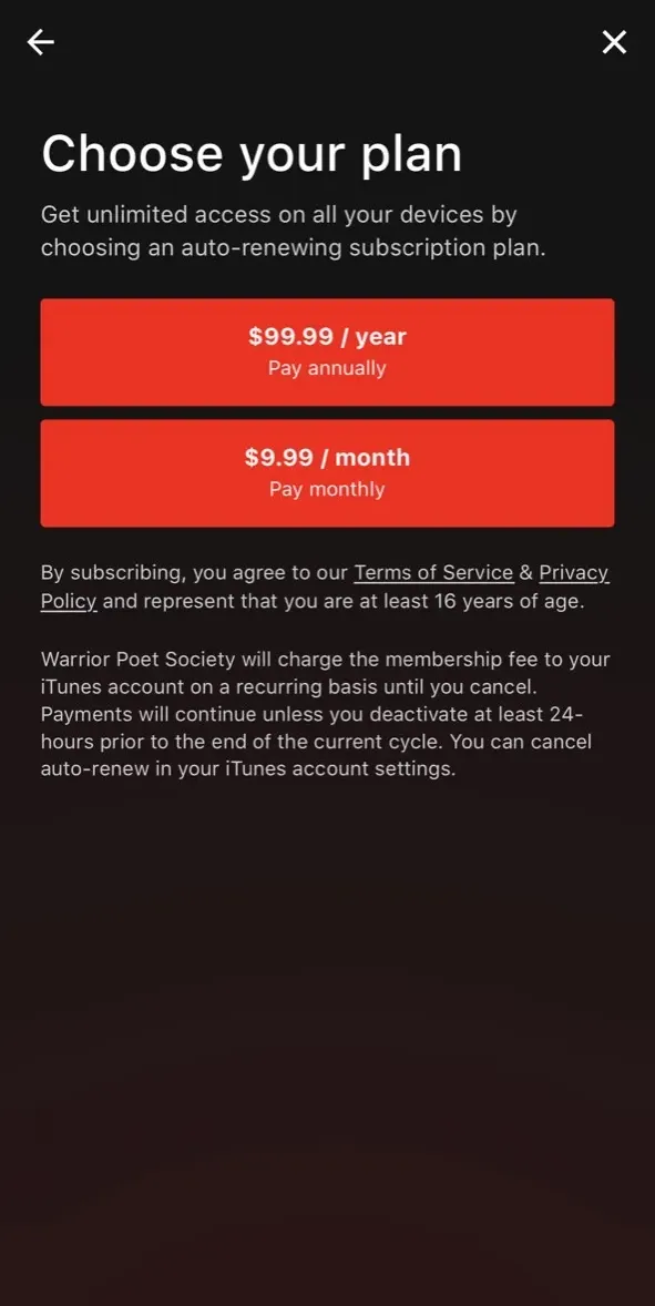 The paywall screen of the true app