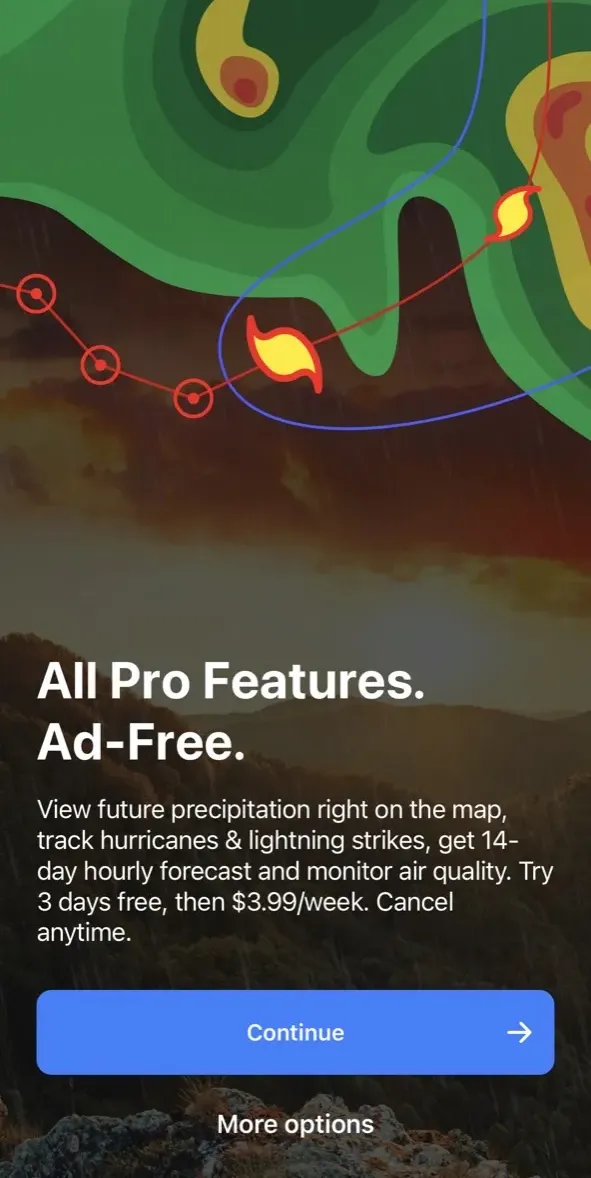 The paywall screen of the Weather Live° app