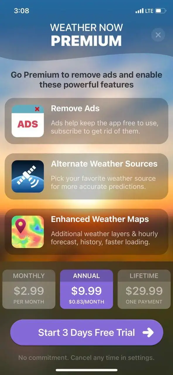 The paywall screen of the Weather NOW Forecast app