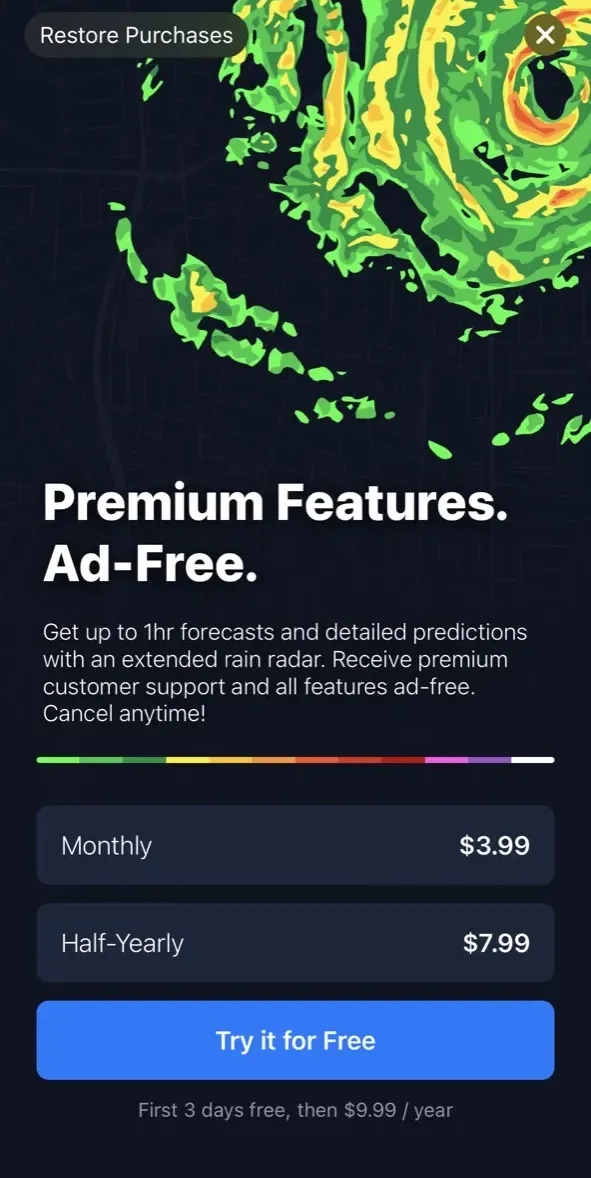 The paywall screen of the Weather Radar app