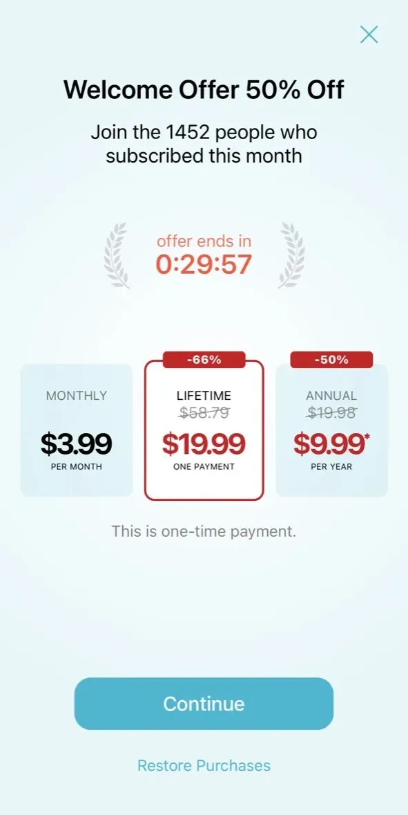 The paywall screen of the true app