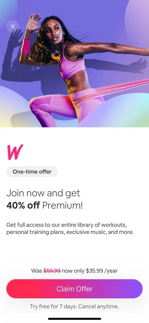 The paywall screen of the Workout for Women app