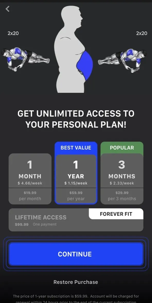 The paywall screen of the Workout Planner Muscle app