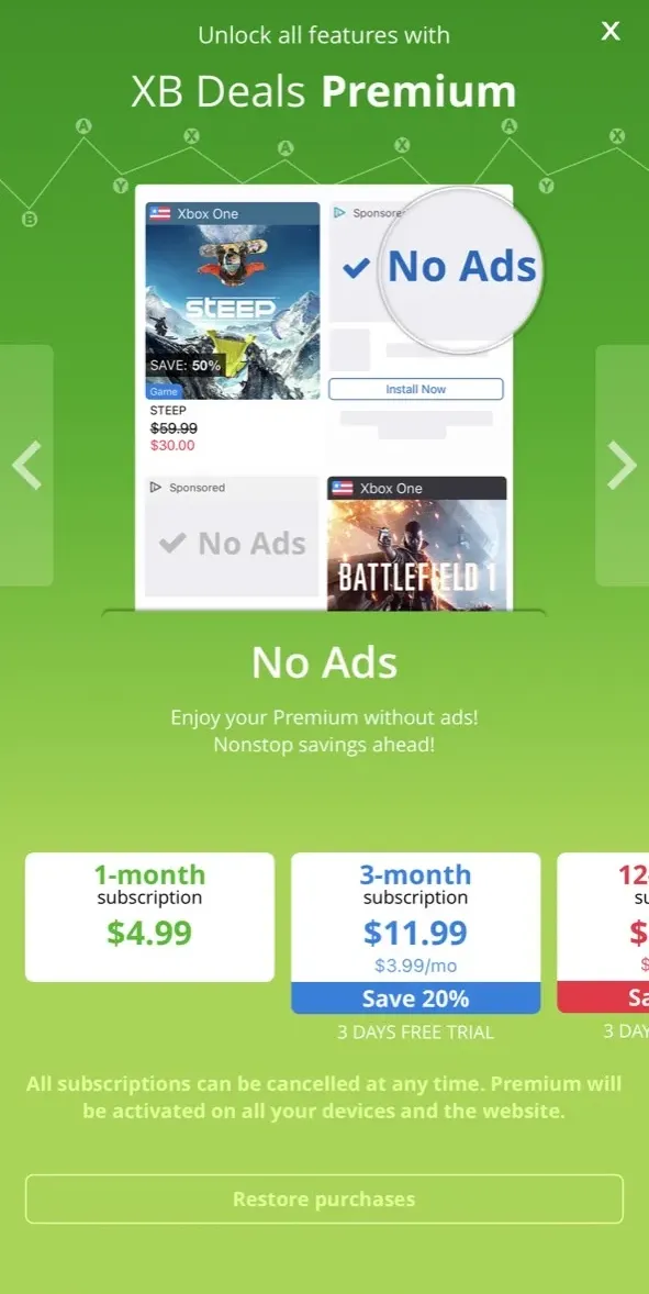 The paywall screen of the XB Deals app