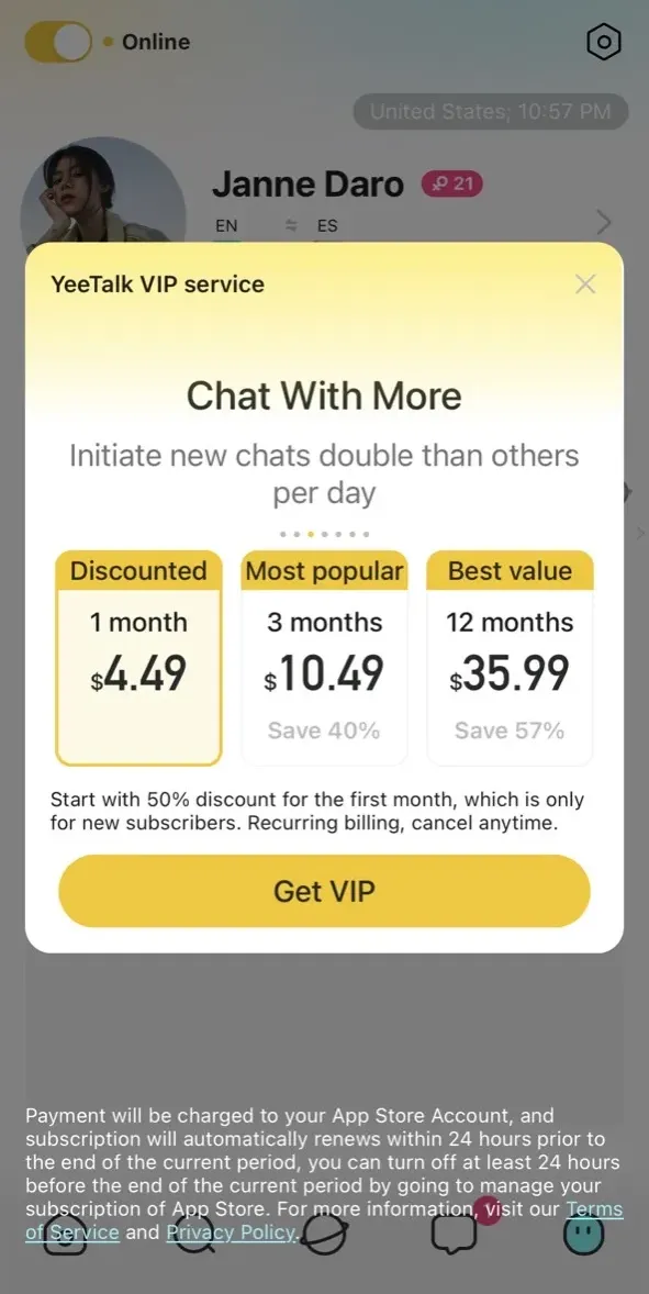 The paywall screen of the YeeTalk app