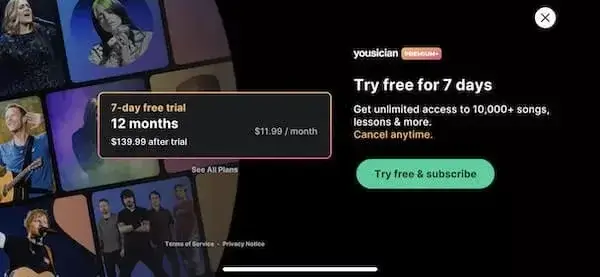 The paywall screen of the Yousician app