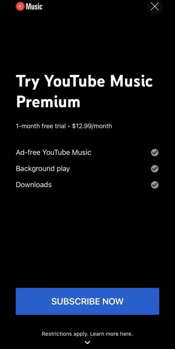 The paywall screen of the YouTube Music app