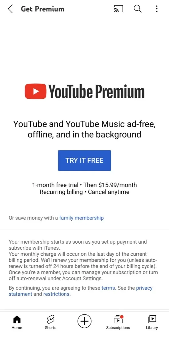 The paywall screen of the YouTube app