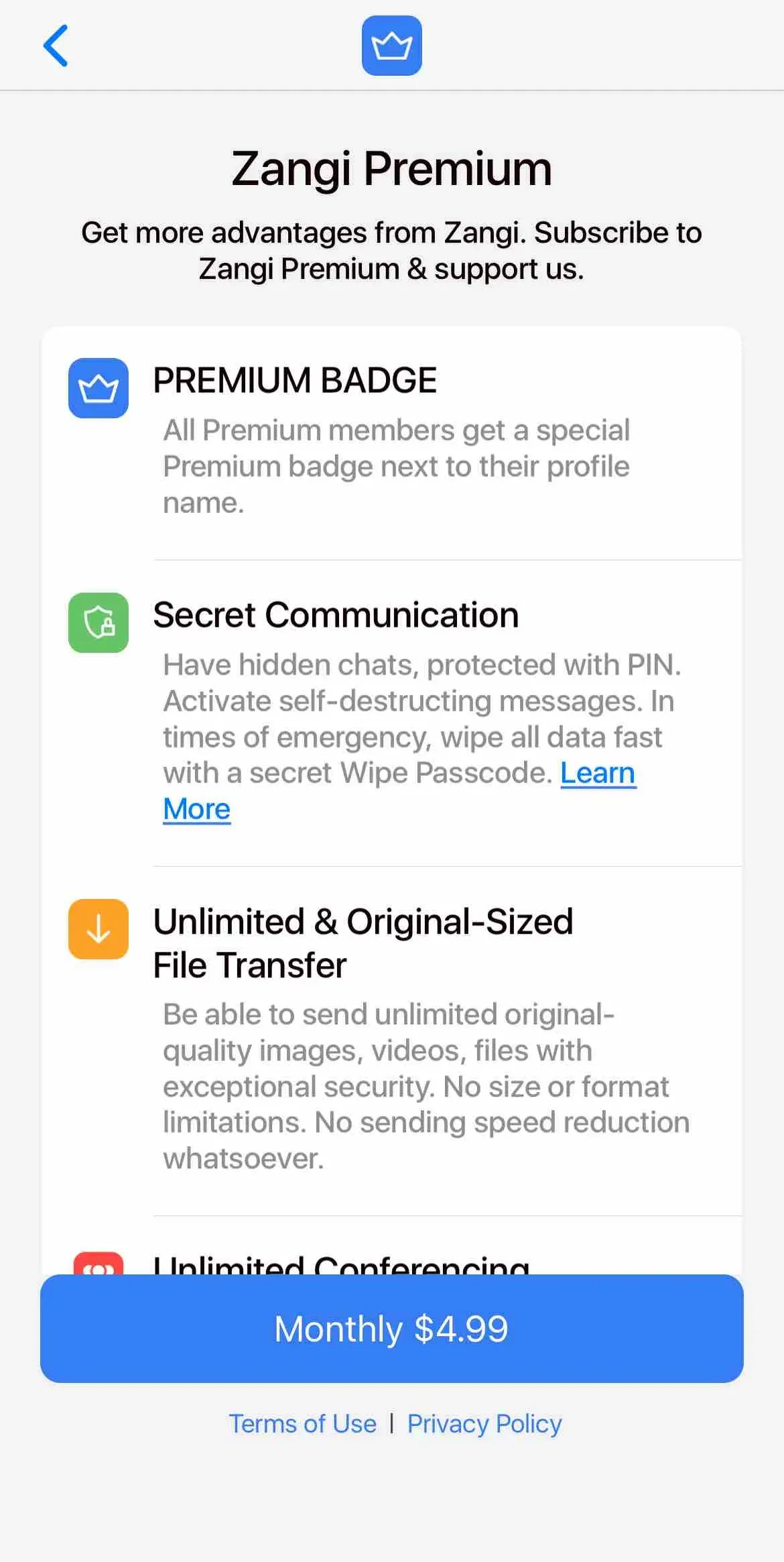 The paywall screen of the Zangi Private Messenger app